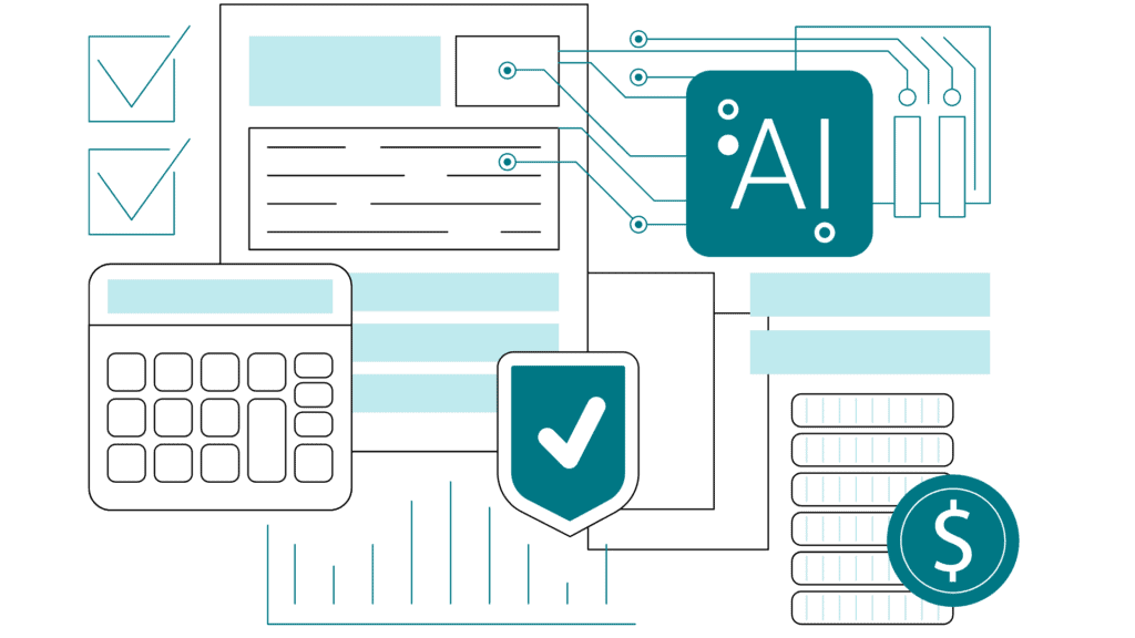Strichzeichung einer KI, die mit Cybersecurity, Checklisten, Taschenrechner, Graphen etc verlinkt ist.